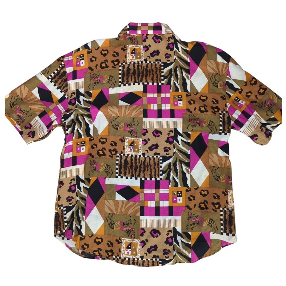 VTG Kathie Lee 100% Rayon Shirt Animal Print Patchwork Blouse Women 8